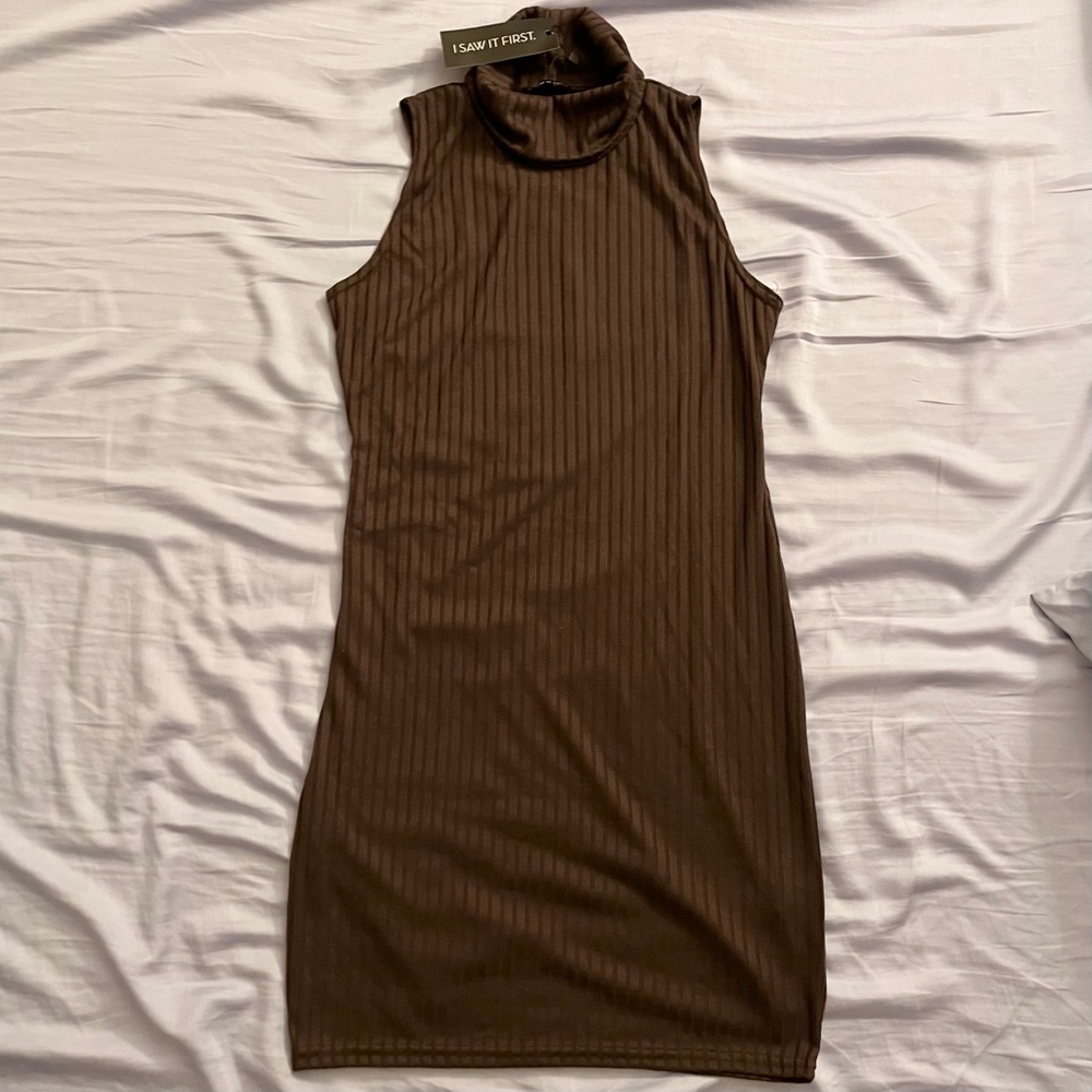 I Saw It First - Rib Knit Turtleneck Sleeveless Dress - Real size 10-12, Brown